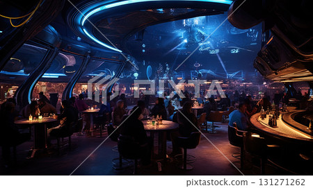 Sci-fi interior of futuristic space bar or saloon with neon cyberpunk decorations. Generated AI. 131271262