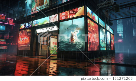 Cyberpunk street with glowing neon ads in sci-fi city. Futuristic cyberpunk street in the neighborhood. Generated AI 131271263