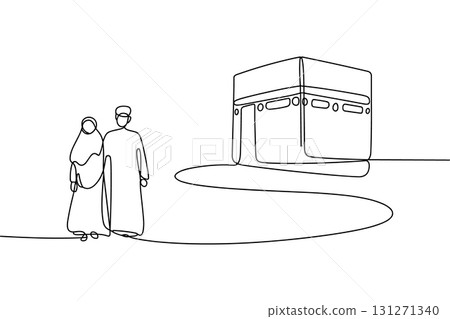 Muslim Couple at the Kaaba for Hajj Pilgrimage Continuous Line Drawing Vector. Islamic Vector Art. 131271340