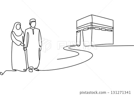 Muslim Couple at the Kaaba for Hajj Pilgrimage Continuous Line Drawing Vector. Islamic Vector Art. 131271341