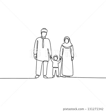 Happy Muslim Family Continuous One Line Drawing Vector. Arabic Parents with a Child Vector Illustration. 131271342