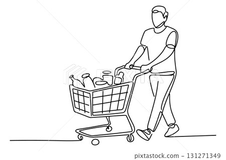 Man Pushing a Shopping Cart Continuous One Line Drawing Vector. Grocery and Supermarket Shopper Vector Art. 131271349