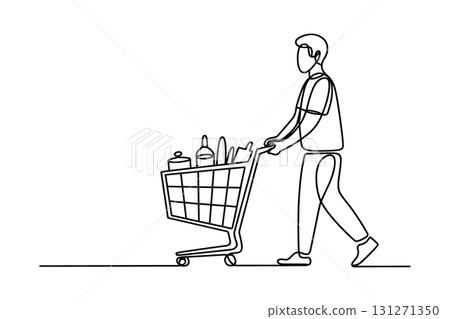 Man Pushing a Shopping Cart Continuous One Line Drawing Vector. Grocery and Supermarket Shopper Vector Art. 131271350
