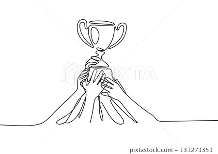 Team Hands Holding a Trophy Continuous One Line Drawing Vector. Teamwork, Success and Victory Vector Concept. Team Hands Holding a Trophy Continuous One Line Drawing Vector. Teamwork, Success and Victory Vector Concept. 131271351