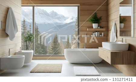 Modern bathroom interior with a large window overlooking a snowy mountain 131271411