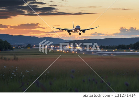 Airplane takes off from the runway against a vibrant sunset sky with clouds 131271414