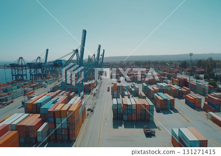 Shipping containers stacked at a busy port under clear blue skies during midday operations 131271415