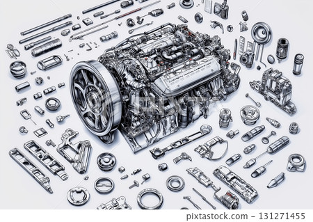 Detailed engine assembly with individual components on neutral background 131271455