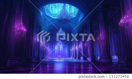 Majestic illuminated hall with colorful chandeliers and reflective surfaces during twilight hours 131271458