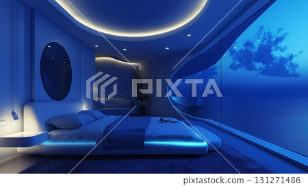 Cozy bedroom with stunning ocean view and moonlight illuminating the serene atmosphere at night 131271486