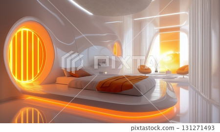 Modern bedroom design featuring soft curves and warm lighting in a futuristic style 131271493