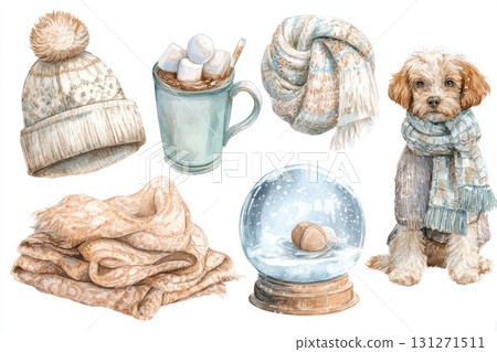 Watercolor winter set with dog scarf and snow globe Watercolor winter set with dog scarf and snow globe 131271511