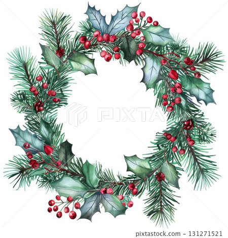 Watercolor Christmas wreath with holly leaves and red berries Watercolor Christmas wreath with holly leaves and red berries 131271521