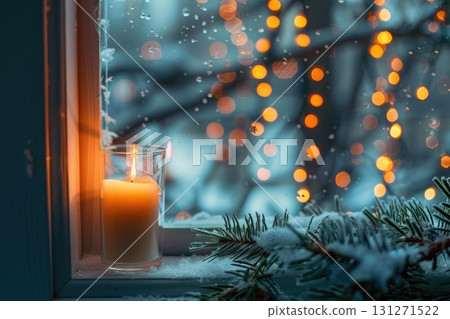 Cozy winter candle on frosty window with warm lights Cozy winter candle on frosty window with warm lights 131271522