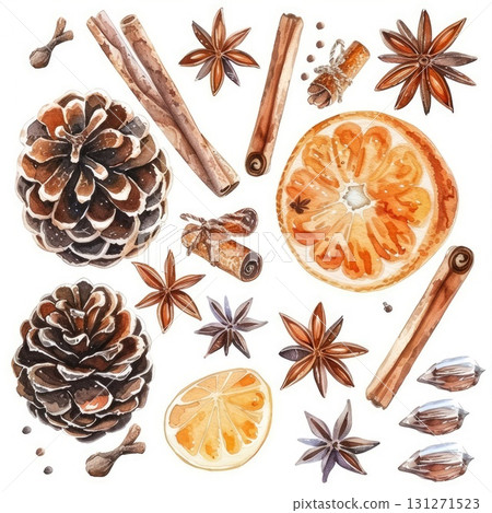 Watercolor Christmas spices with pinecones and orange slices Watercolor Christmas spices with pinecones and orange slices 131271523