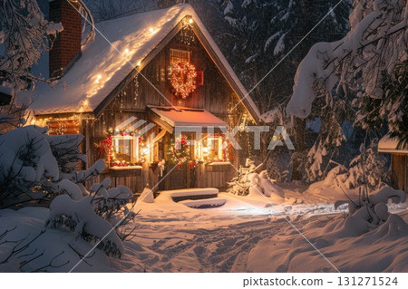 Wooden house decorated with Christmas wreaths and lights in snowy evening 131271524