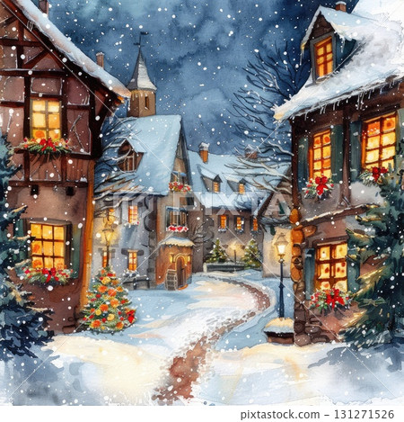 Watercolor Christmas village street with snow and lights 131271526