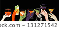 The monster's hands are holding drinks and cocktails. Halloween party and celebration. 131271542