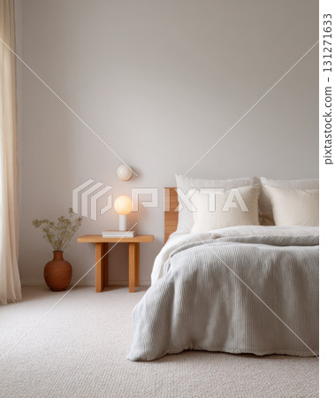 Calm minimalist bedroom interior with cozy bed and natural light. peaceful home decor scene evokes tranquility, comfort, and sense of serene relaxation 131271633