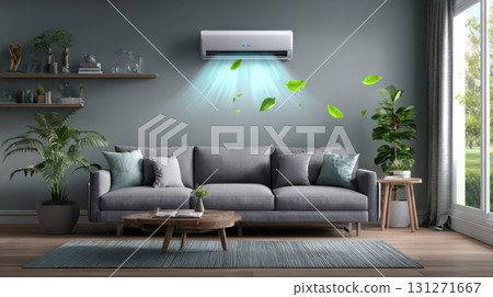 Modern living room interior with cool fresh air conditioner providing comfort. clean grey sofa in cozy home setting with plants creates relaxing atmosphere 131271667