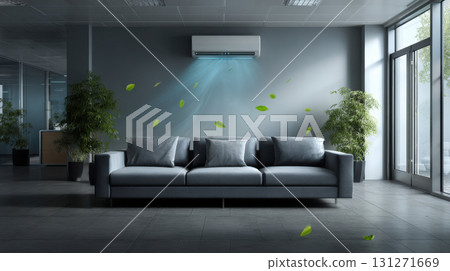 Comfortable modern office lounge with sleek sofa under cooling air conditioner. interior features fresh air and effective climate control for serene atmosphere Comfortable modern office lounge with sleek sofa under cooling air conditioner. interior features fresh air and effective climate control for serene atmosphere 131271669