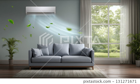 Modern living room interior with grey sofa feeling comfort of fresh cooling air from air conditioner. home system provides refreshing and healthy climate 131271671