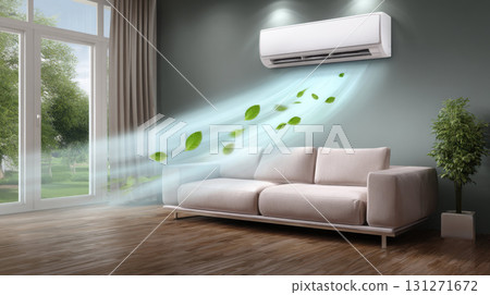 Air conditioner system provides fresh, clean cooling for modern living room. comfortable sofa sits below unit, offering sense of cool relief from summer heat Air conditioner system provides fresh, clean cooling for modern living room. comfortable sofa sits below unit, offering sense of cool relief from summer heat 131271672