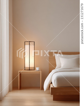 Tranquil and peaceful minimalist bedroom interior design. warm wood bed and lamp create cozy home setting for relaxation. simple design offers serene feeling 131271679