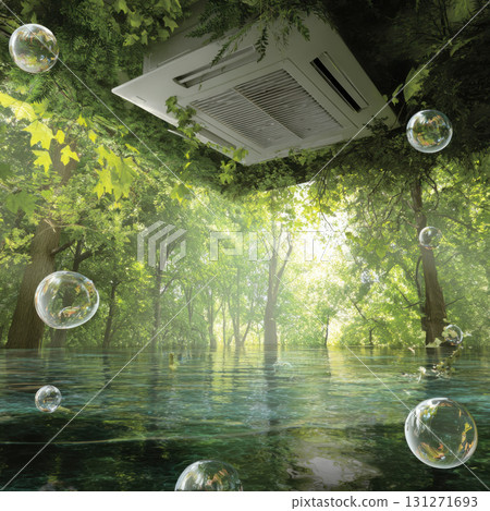 Conceptual fresh clean air from ceiling mounted air conditioner in surreal green forest with clear water. serene image of healthy living, cooling, and eco friendly technology Conceptual fresh clean air from ceiling mounted air conditioner in surreal green forest with clear water. serene image of healthy living, cooling, and eco friendly technology 131271693