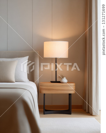 Cozy modern bedroom interior design at home. furniture, including bed and nightstand with lamp, create very relaxing and sophisticated feeling close up 131271699