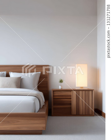 Cozy modern minimalist bedroom interior with wooden bed and furniture. warm lamp creates peaceful and comfortable atmosphere for relaxing in contemporary home 131271708