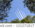從樹冠內看到的藍色衝擊波編隊飛行 131271817