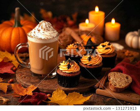 Cozy Halloween or Autumn still life with pumpkin spice latte and spooky spider cupcakes. A warm, festive treat table with candles, pumpkins, and fall leaves. Cozy Halloween or Autumn still life with pumpkin spice latte and spooky spider cupcakes. A warm, festive treat table with candles, pumpkins, and fall leaves. 131271913