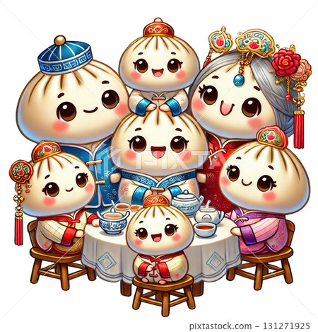 A delightful gathering of cartoon dumplings at a cheerful tea party. 131271925