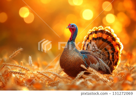 Turkey in golden wheat field with bokeh lights background. 131272069