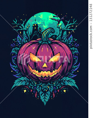 Vibrant and detailed Halloween illustration of an evil Jack-o'-lantern. A spooky pumpkin with a haunted castle, bats, and a full moon, framed by mystical foliage. Perfect for a poster or t-shirt. 131272148