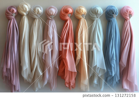 Premium branding fashion. Diversity of bridal tulle with crystal embellishments is hanging on the wall. Premium branding fashion. Diversity of bridal tulle with crystal embellishments is hanging on the wall. 131272158