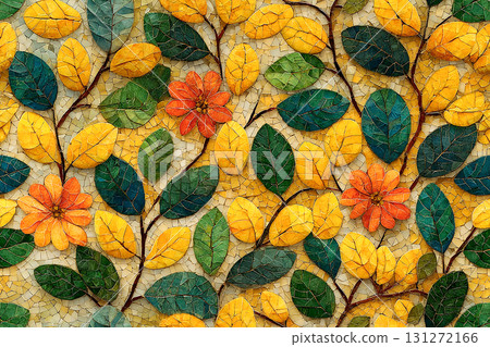Luxury material. Mosaic of glass pearl yellow tiles. Floral pattern. Top view. Luxury material. Mosaic of glass pearl yellow tiles. Floral pattern. Top view. 131272166
