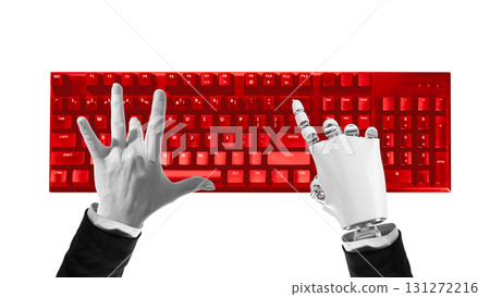 Composition of human and robotic hands typing on red keyboard symbolizing digital cooperation 131272216