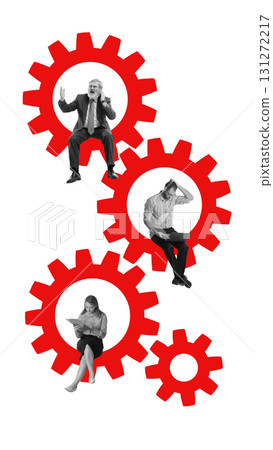 Modern collage. Business people trapped inside red gears symbolizing stressful workflow Modern collage. Business people trapped inside red gears symbolizing stressful workflow 131272217