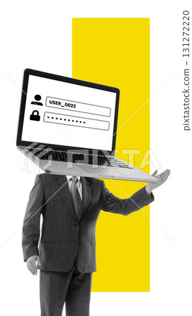 Creative collage. Businessman with laptop head showing login screen 131272220