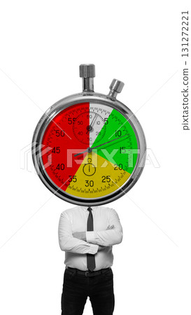 Colorful collage. Businessman with stopwatch head crossing arms 131272221