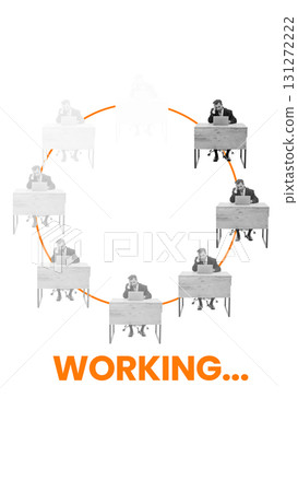 Creative digital artwork. Businessman stuck in endless office cycle with working text 131272222