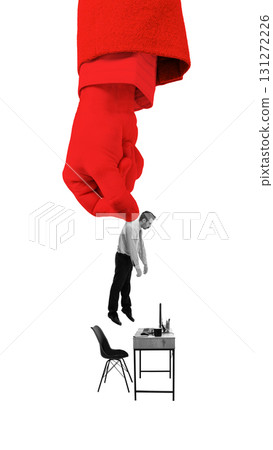 Minimalist collage. Giant red hand picking businessman from office desk 131272226