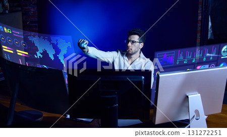 Analyst using holographic interface for global market data monitoring. Collage Analyst using holographic interface for global market data monitoring. Collage 131272251