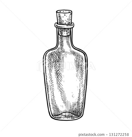 Bottle of alcoholic beverage. Vector graphic illustration. Hand-drawn black and white image. Ideal for menus, banners, flyers, packaging, and labels. 131272258