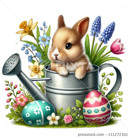 A cute bunny peeking from a watering can surrounded by colorful flowers and Easter eggs. A cute bunny peeking from a watering can surrounded by colorful flowers and Easter eggs. 131272302