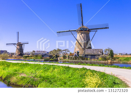traditional Holland countryside - Kinderdijk, view with windmills 131272320