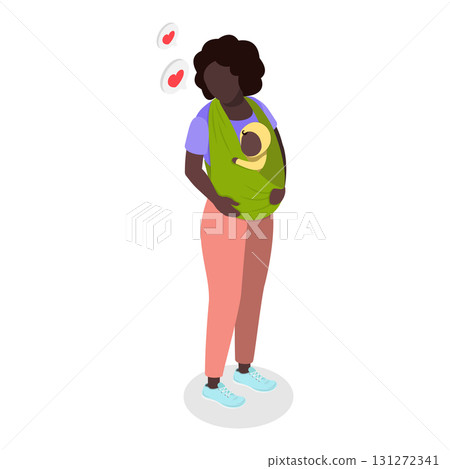 3D Isometric Flat Vector Illustration of Mothers Caring Childs in Baby Sling, Motherhood and Parenting. Item 1 131272341