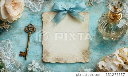 Light blue French antique style perfume and flower background_2 131272357